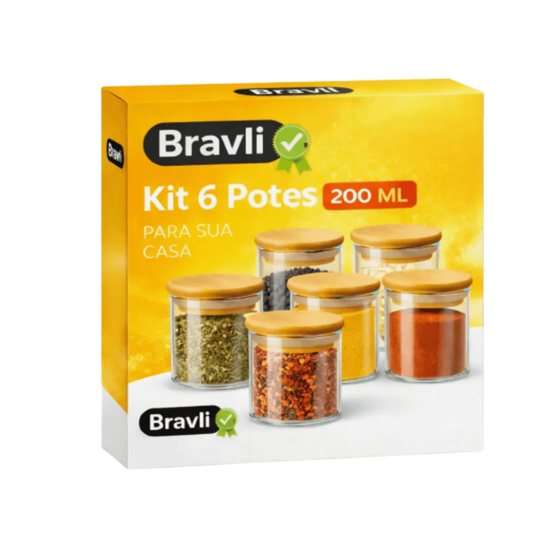 kit com 6 potes 200ml porta temperos condimentos mantimentos tampa bambu vedação hermética vidro borossilicato kit com 6 potes 200ml porta temperos condimentos mantimentos tampa bambu vedação hermética vidro borossilicato